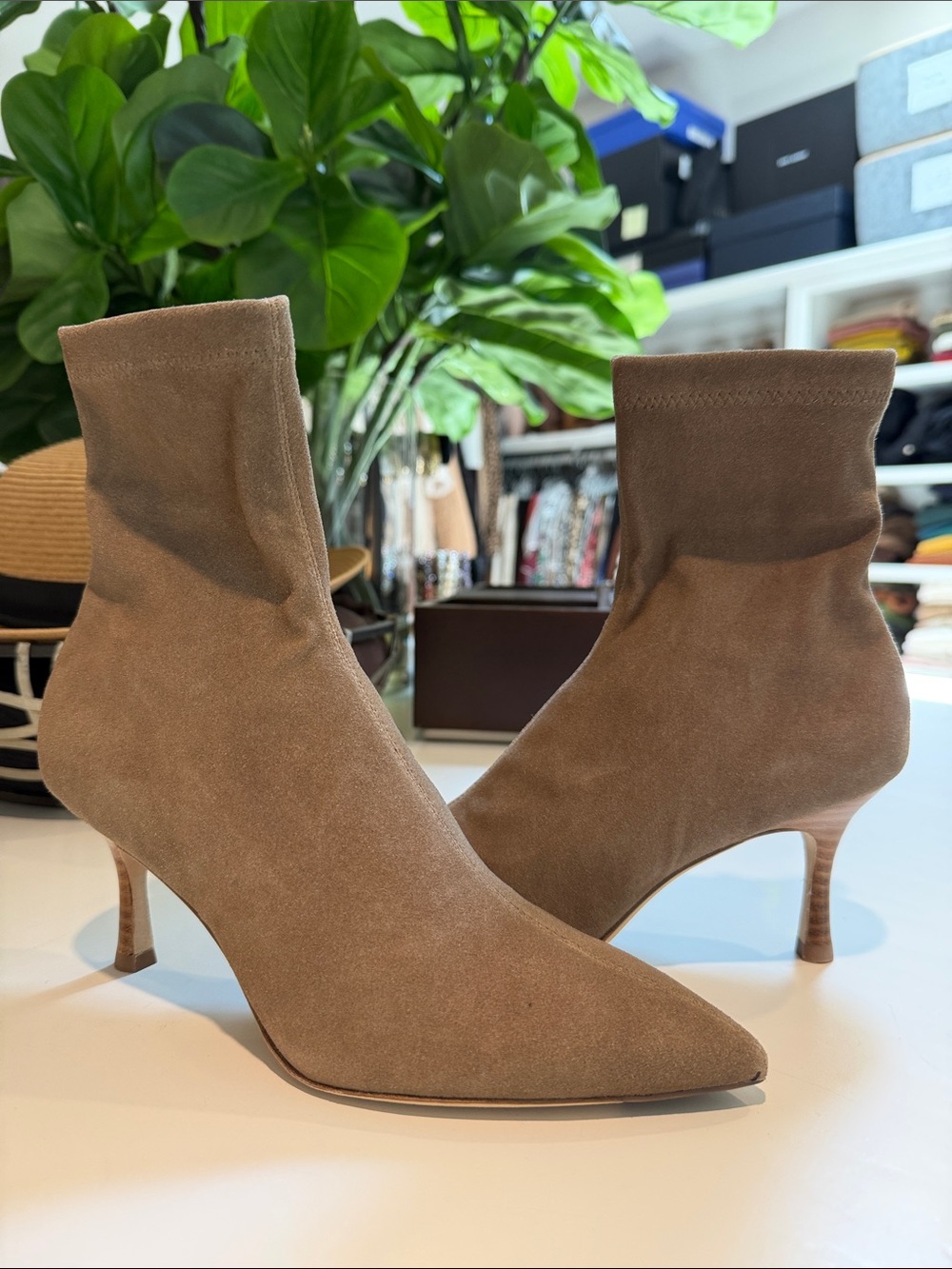 Rag & Bone Suede Pointed-Toe Sock Booties in Taupe